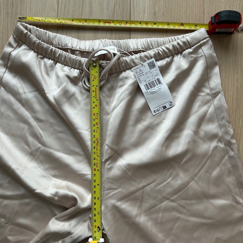 NWT Mango Satin Trousers Women S Beige Wide Leg Drawstring Pants Resortwear Airy - Picture 4 of 9